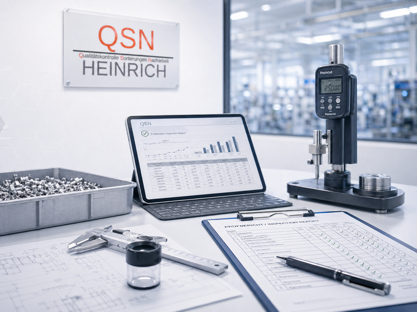 Moderner Prüfplatz mit Messmitteln und Prüfbericht